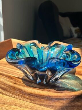 Vintage Handblown Murano Style Art Glass Bowl  in Blue Accents